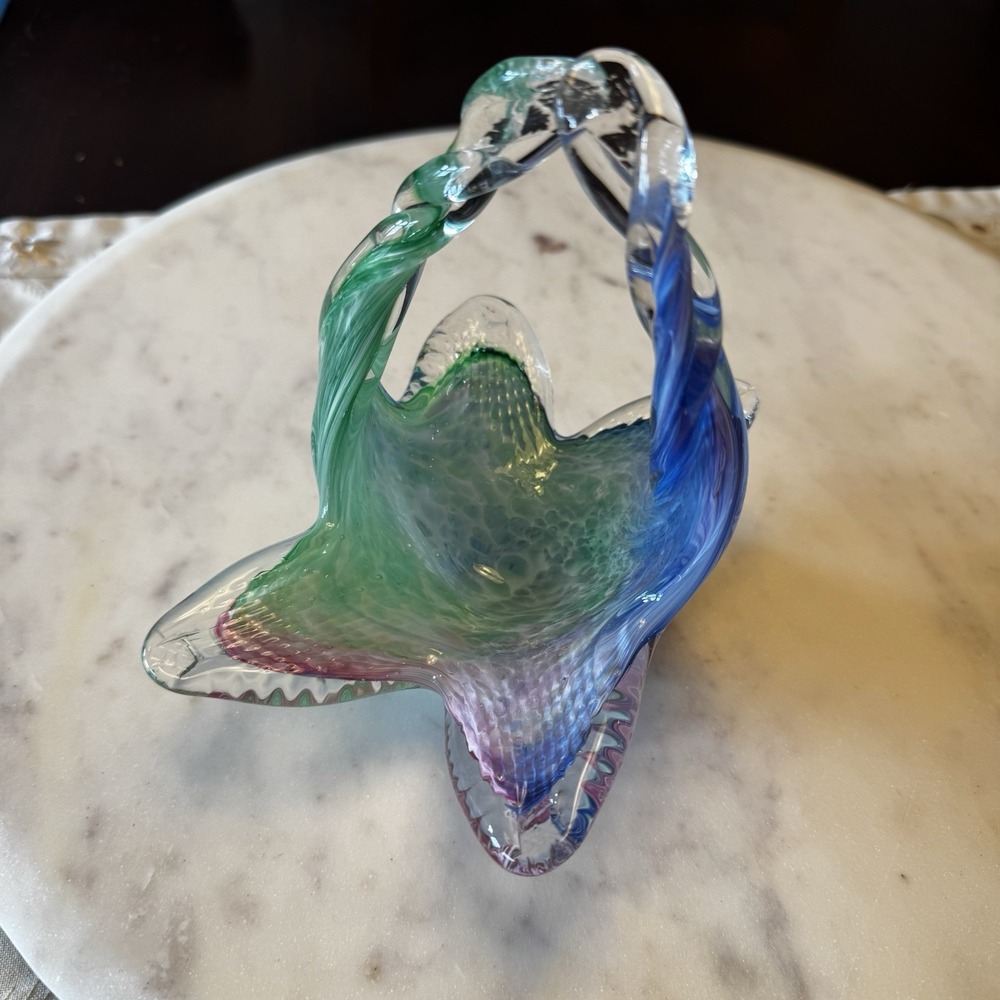 Swirl Art Glass Candy Bowl Dish Handle Multicolor, Murano Style, Green Pink Blue